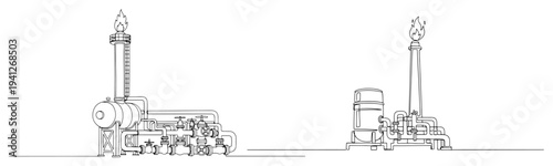 Continuous one line drawing of industrial gas flare towers and oil processing equipment