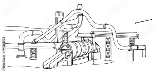 Minimalist continuous line drawing of industrial factory facility with complex piping and processing equipment