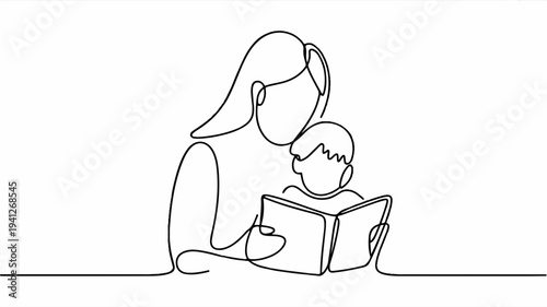Mother reading book with child continuous line drawing simple illustration family bonding love learning education concept