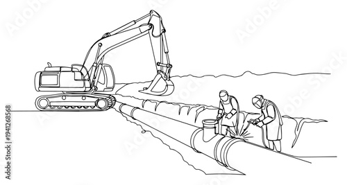 Continuous line drawing of workers welding an oil pipeline next to a heavy excavator