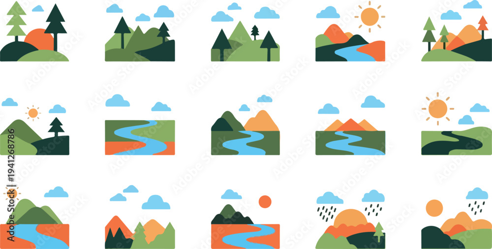 Fototapeta premium Set of 12 landscape icons vector, colorful nature scenes