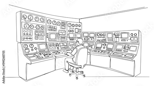 Control room operator sitting in front of dashboard panels in continuous line drawing