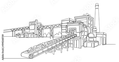 Industrial factory scene with conveyor belt and processing machinery in one line art