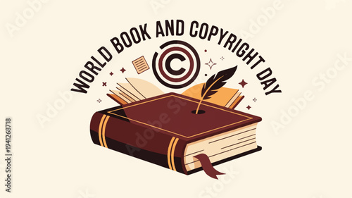 World book and copyright day symbol with book quill and copyright sign on beige background celebrating reading and literature