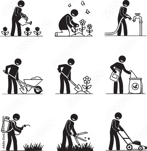 Gardening activities montage, watering, planting, digging, fertilizing, mowing lawn, weed cutting, different tasks