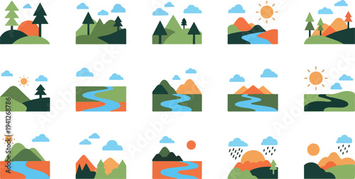 Set of 12 landscape icons vector, colorful nature scenes