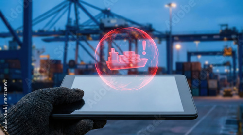 Digital tablet displays warning symbol over cargo ship icon, highlighting global supply chain disruption at busy port