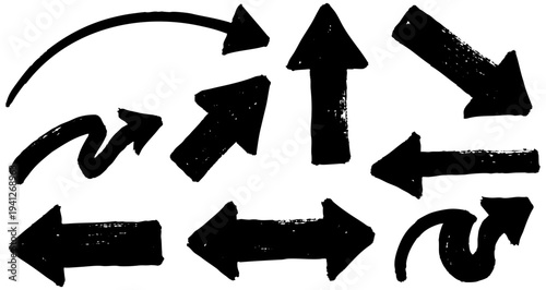 Set of eight bold black hand-drawn arrows with a pronounced brush texture pointing in various directions on a white background. Vector illustration.