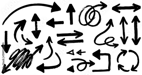 A large set of various black hand-drawn arrows in doodle style on a white background. Includes straight, curved, cyclic, double-sided arrows, and spirals. Vector illustration.