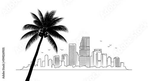 Palm Tree Silhouette Against City Skyline - Tropical Urban Landscape