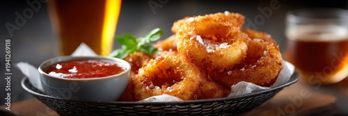 Crispy golden onion rings with dipping sauce and beer