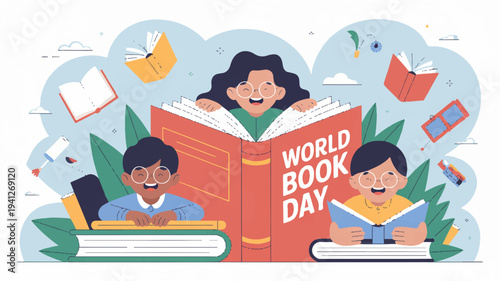 Children celebrating world book day with books and reading glasses on a sunny day