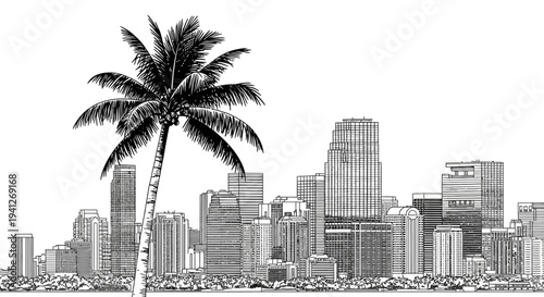 Palm Tree and City Skyline Sketch - Tropical Urban Landscape