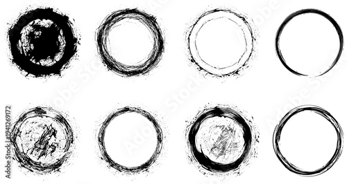 Collection of eight black round frames hand-drawn in grunge style using various brush textures, splashes, and hatching. Vector illustration.
