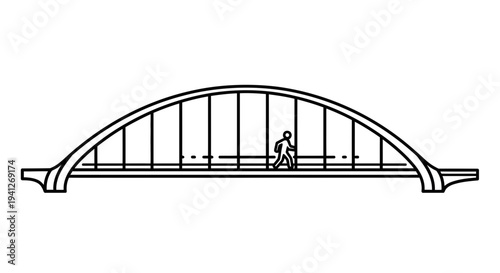 Pedestrian crossing an arched bridge, minimalist line art illustration
