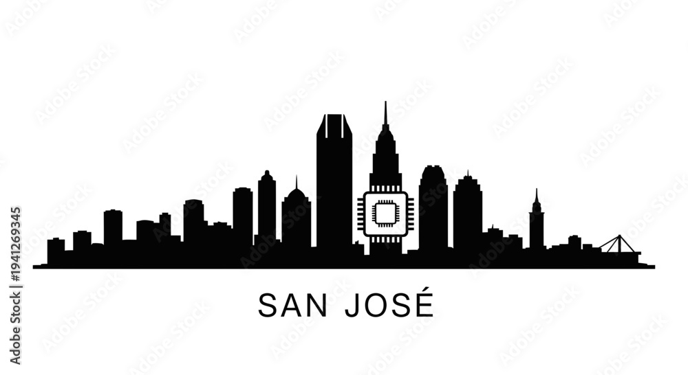 Fototapeta premium San Jose Skyline Silhouette with CPU Chip Icon - Silicon Valley Technology Hub
