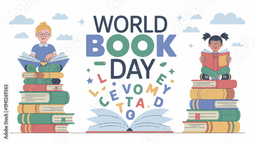 Children celebrating world book day with stacks of colorful books and reading happily outdoors