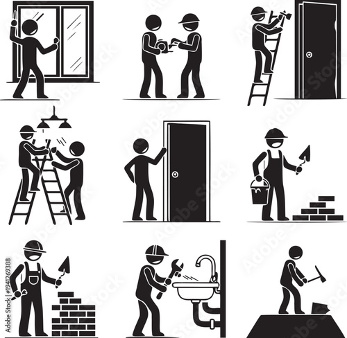Construction workers and builders at work doing various home repair and renovation tasks icon set