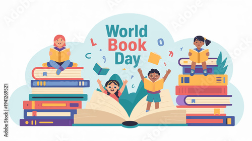 Children celebrating world book day with colorful books and learning