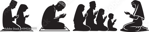 Muslim praying silhouette vector set featuring men, women, and family performing dua and salah. Minimal black Islamic prayer illustration perfect for Ramadan designs, religious posters, banners.