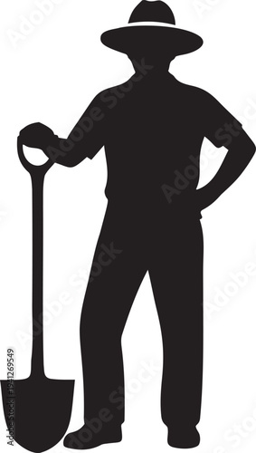 Silhouette of a man with a shovel and hat on transparent background side view professional gardener worker