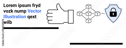 Cybersecurity, blockchain technology, data protection, digital networks, secure communication, online trust. Hand gesture, block diagram shield with lock symbol. Cybersecurity and blockchain