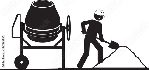 Construction worker using cement mixer and shovel to mix concrete at building site working outdoors industrious activity silhouette