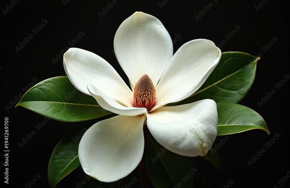 Fototapeta premium Magnolia grandiflora flower with large white petals and green leaves set against a dark background. Close-up view shows intricate detail of bloom center and velvety petals. Natural beauty captured.