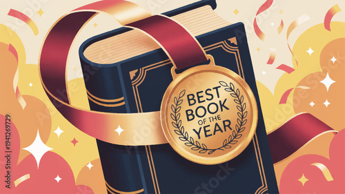 Award winning book with best book of the year ribbon and confetti background