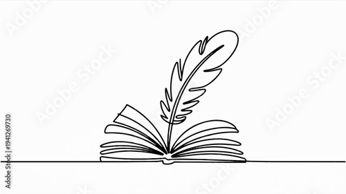 Open book with feather quill pen on white background symbolizing literature and education