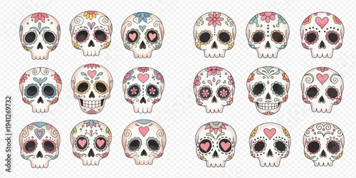 Collection of decorative sugar skulls with floral and heart patterns for Day of the Dead celebration.