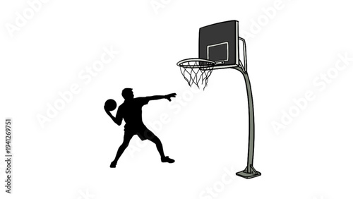 Silhouette of a basketball player throwing ball into the hoop