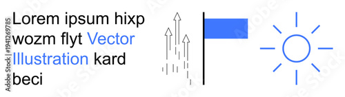 Progress, innovation, direction, positive growth, goal achievement, motivation. Vertical arrows rise, accompanied by a flag and sun symbol. Progress and innovation upward goals