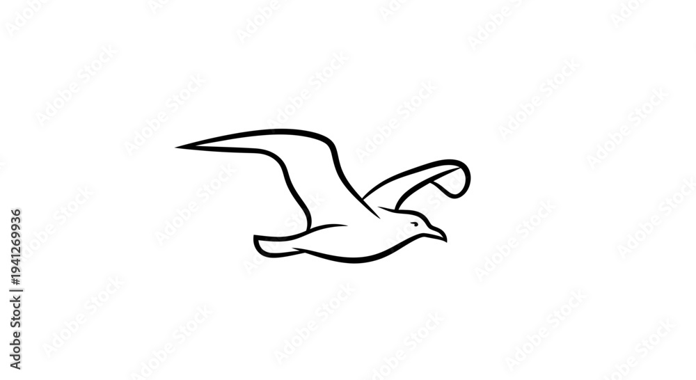 Fototapeta premium Minimalist Line Art Seagull Flying Gracefully Isolated on White Background