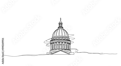 Minimalist Line Drawing of a Grand Dome Building with Abstract Swirls