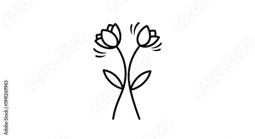 Minimalist Line Art Two Blooming Tulips Flowers Icon Vector