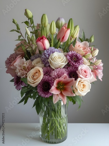 Clear glass vase presents a colorful bouquet