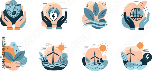 Set of 8 eco friendly icons vector, sustainability symbols