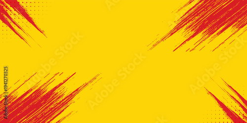 Bright yellow background featuring dynamic red diagonal brush strokes and halftone patterns, creating a modern and energetic abstract design with a vibrant, artistic feel