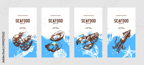 Sketch vintage seafood banner set. Mediterranean food menu design. Hand drawn vector illustration background