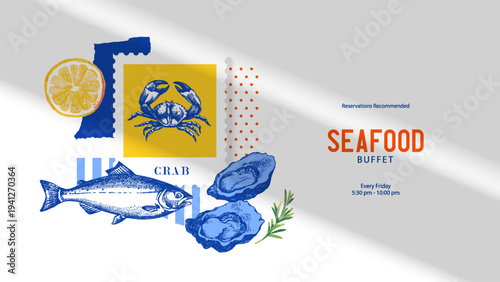 Sketch vintage seafood trendy collage background. Hand drawn vector illustration. Salmon, crab, oysters. Seafood menu design