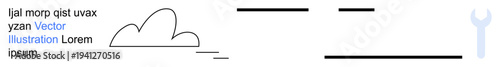 Digital communication, design resources, creative workspaces, cloud computing, collaboration, online tools. Abstract cloud design with text, lines and a wrench symbol. Digital communication