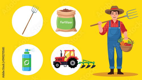 Flat vector illustration farmer tools simple cartoon style, cartoon