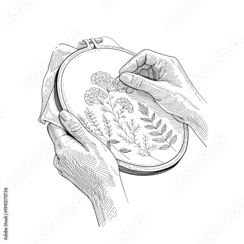 Hand embroidery process in hoop with botanical pattern. Vintage engraving illustration of needlework craft with detailed hatching. Handmade stitching artwork inspired by classic etching style