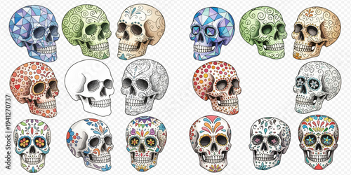 Collection of various decorative sugar skulls and human skulls, illustrating different artistic styles and cultural representations.