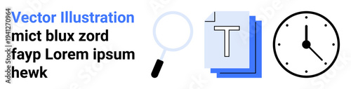 Information search, document editing, workflow management, time tracking, productivity, research. Magnifying glass, text documents clock icons. Search functionality and document editing concepts