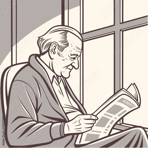 Elderly Man Reading Newspaper Vector Illustration — Vintage Lifestyle, Retirement & Wisdom Icon
