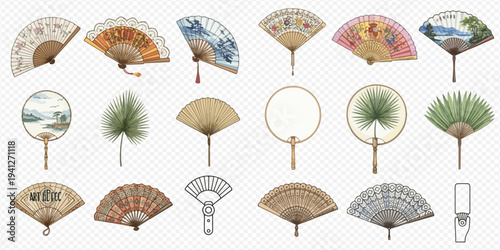 Set of traditional Asian hand fans and palm leaf fans, vector illustration.