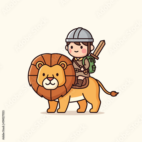 A cartoon depiction of a child knight in helmet, armed with a wooden sword, riding a friendly lion. The background is a soft beige color