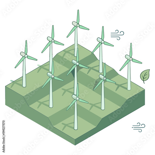 Wind turbines generate power on a green hill with wind blowing and a leaf